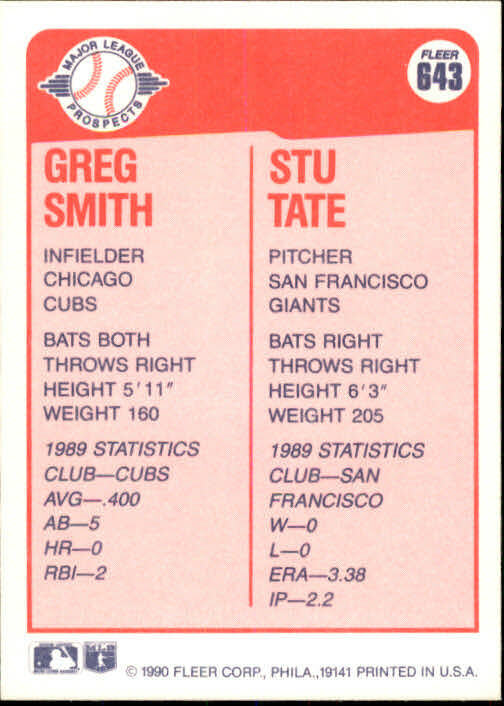 1990 Greg Smith / Stu Tate Fleer Baseball Card #643