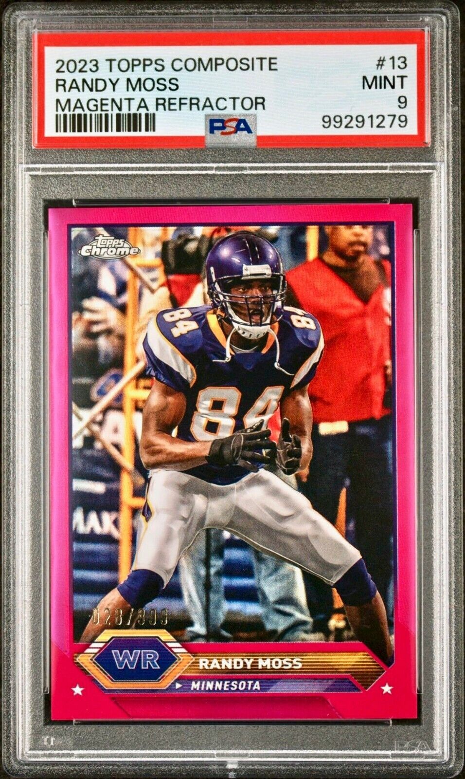 Randy Moss 2023 Topps Chrome NFL #13 Magenta Refractor 028/399 Card PSA 9 Mint