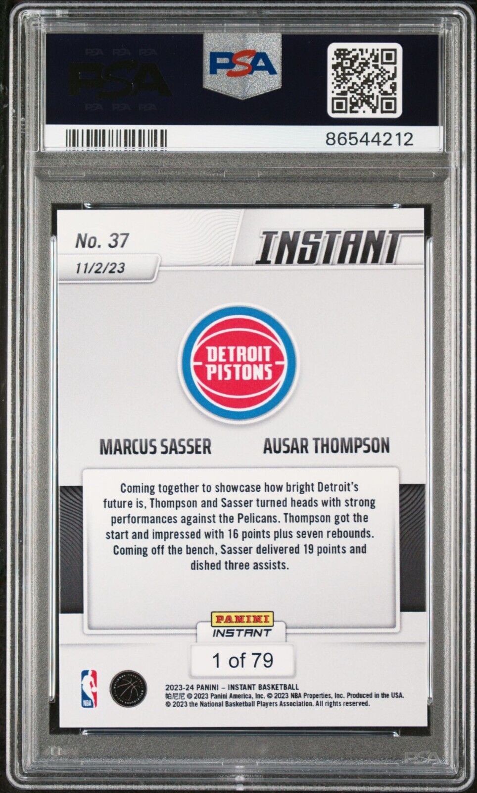 Ausar Thompson / Marcus Sasser 2023-24 Panini NBA Rookie Card 1 of 79 PSA 9 Mint