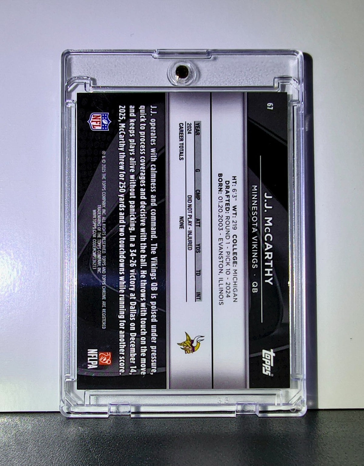 JJ McCarthy 2025 NFL Topps Chrome Black #67 Gold Refractor Card 22/50 Vikings