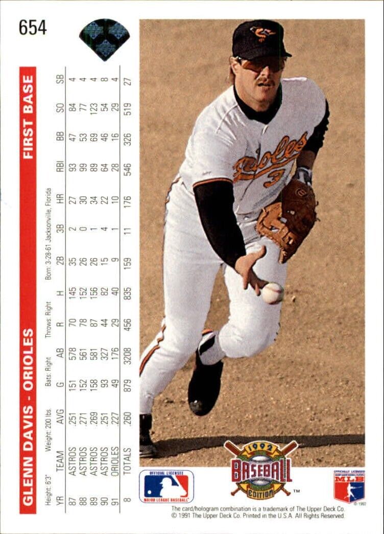 Glenn Davis 1992 Upper Deck MLB #654 Baseball Card Baltimore Orioles