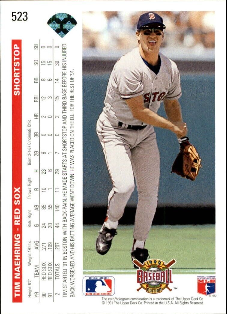 Tim Naehring 1992 Upper Deck MLB #523 Baseball Card Boston Red Sox