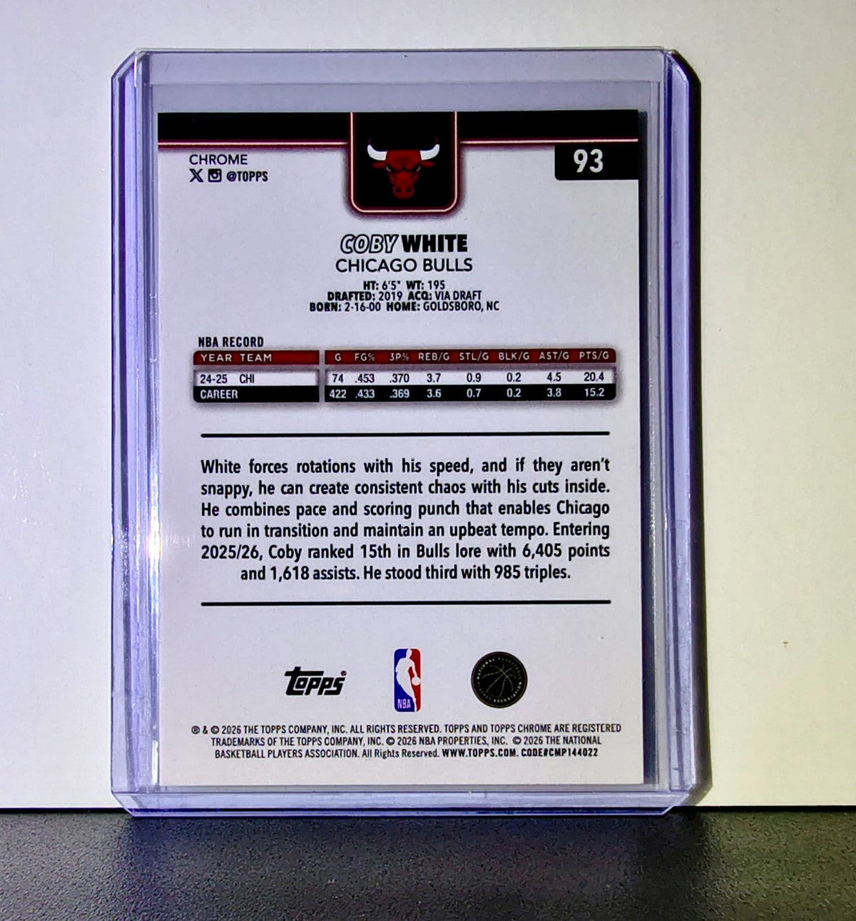 Coby White 2025-26 NBA Topps Chrome Update X-Fractor #93 Card Chicago Bulls