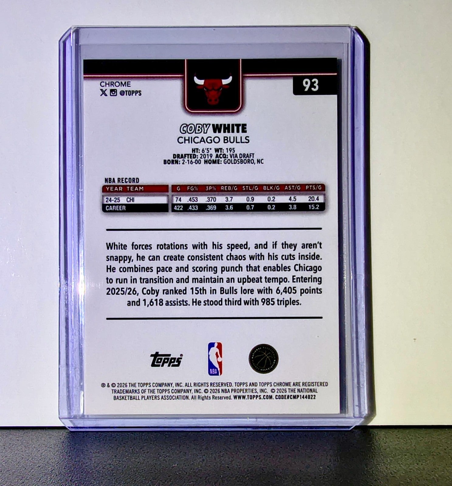 Coby White 2025-26 NBA Topps Chrome Update X-Fractor #93 Card Chicago Bulls
