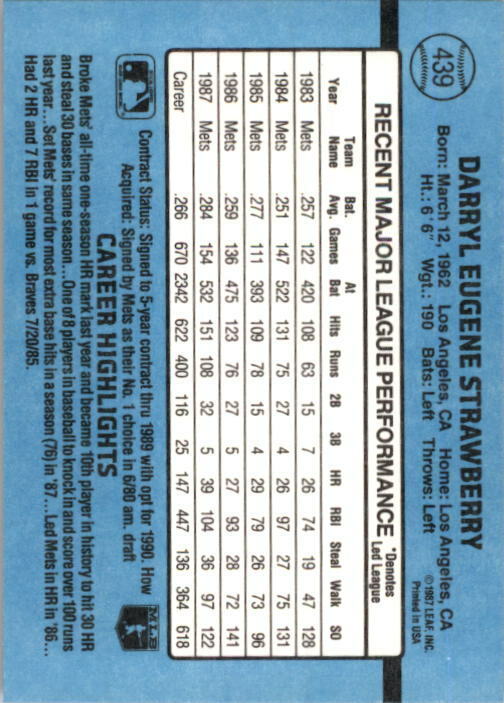 1988 Darryl Strawberry Donruss Baseball Card #439