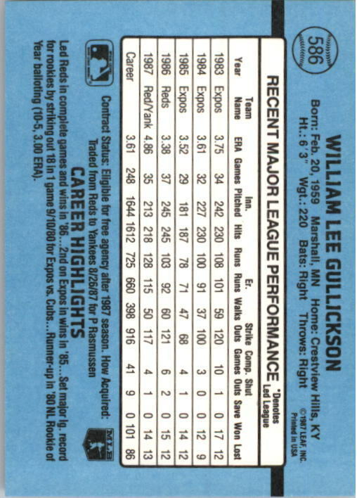 1988 Bill Gullickson Donruss Baseball Card #586