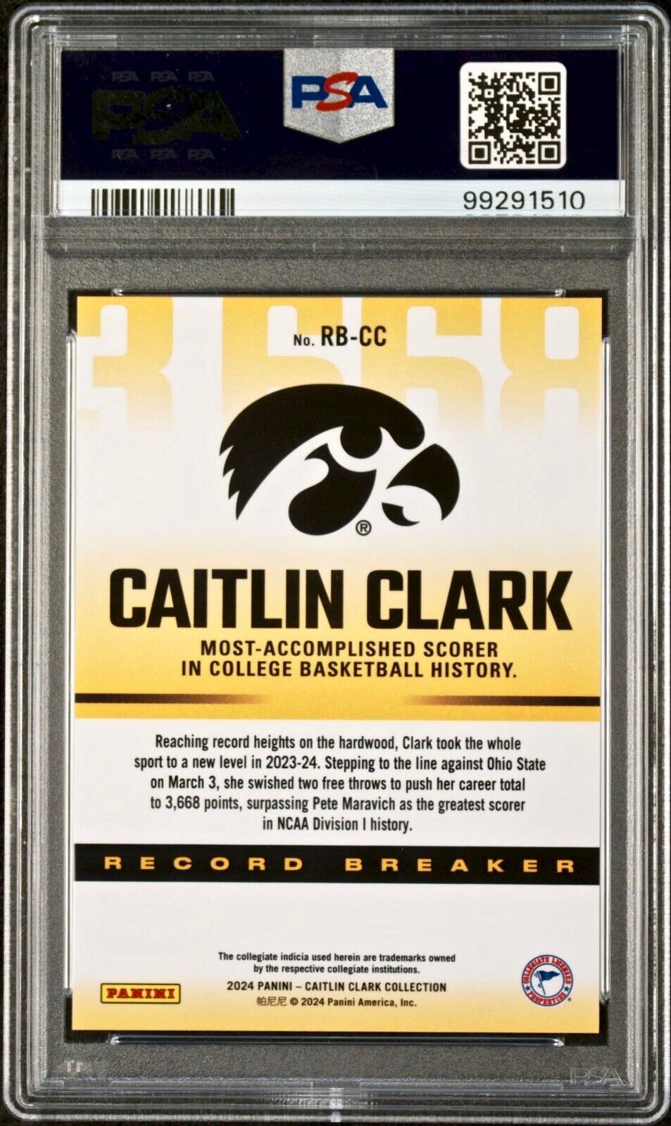 Caitlin Clark 2024 Panini Record Breaker #RB-CC Basketball Card PSA 8