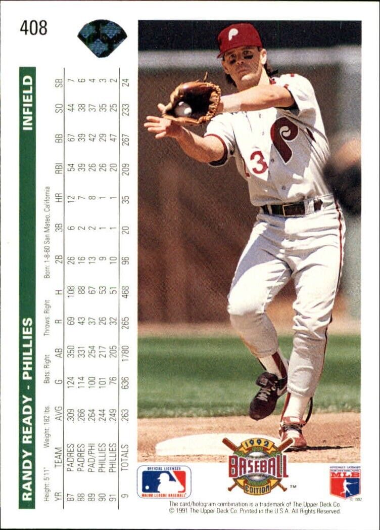 Randy Ready 1992 Upper Deck MLB #408 Baseball Card Philadelphia Phillies