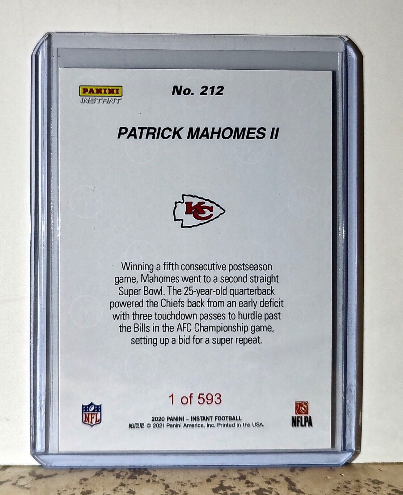 Patrick Mahomes II 2020 Panini NFL #212 Football Card KC Chiefs 1 of 593