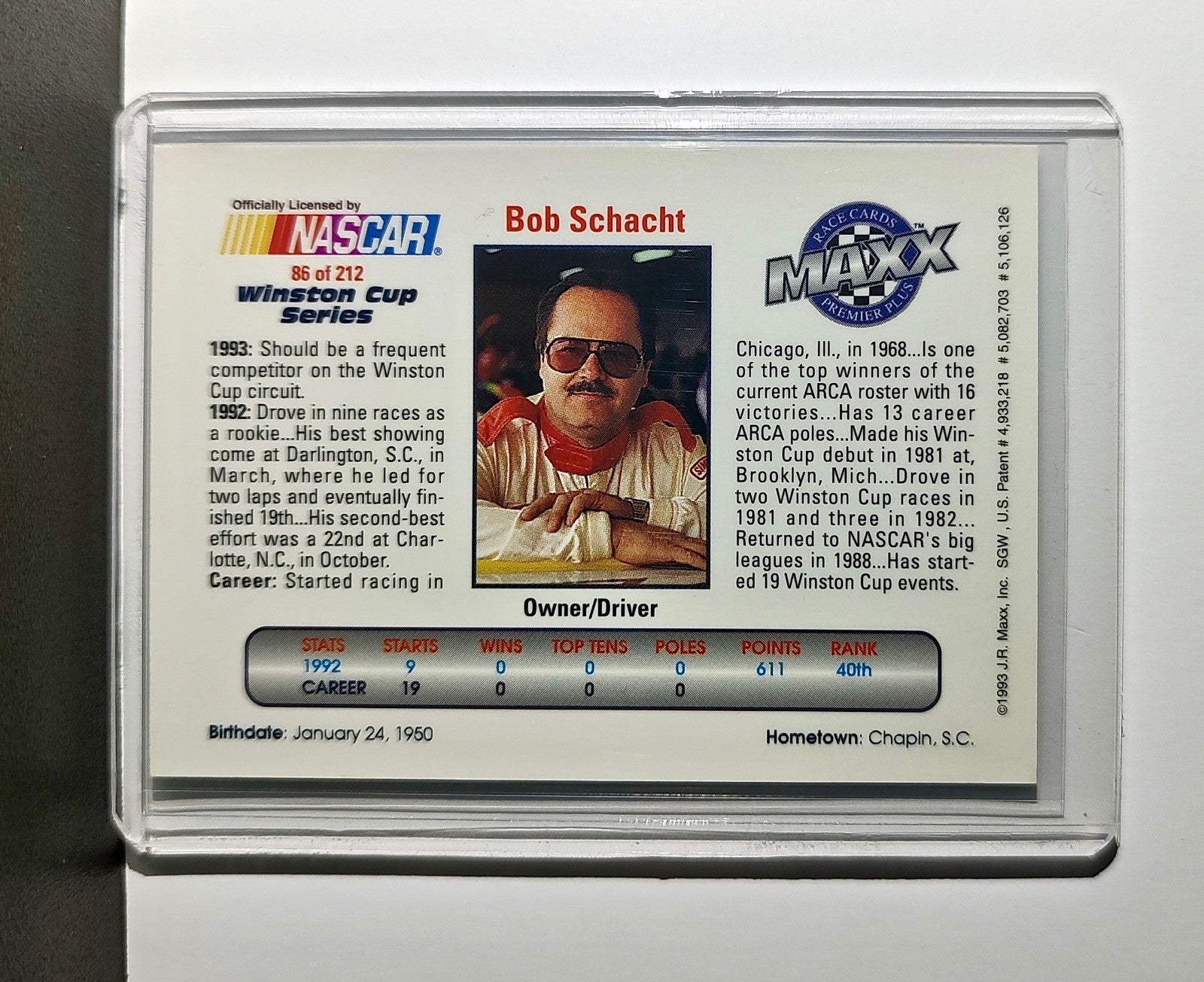 Bob Schacht 1993 Maxx Premier Plus Racing #86 NASCAR Card Bob Schacht Racing