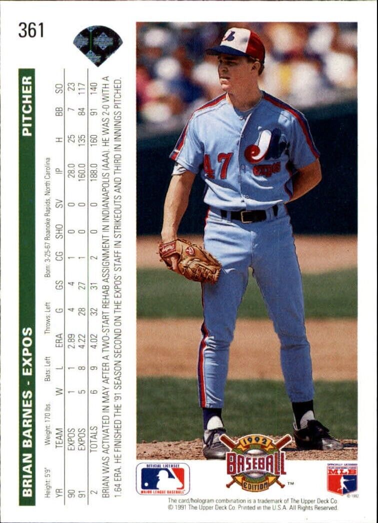 Brian Barnes 1992 Upper Deck MLB #361 Baseball Card Montreal Expos
