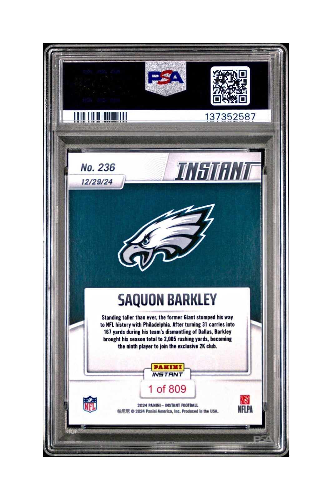 Saquon Barkley 2024 Panini Milestone NFL #236 Eagles 1 of 809 PSA 10 Gem Mint
