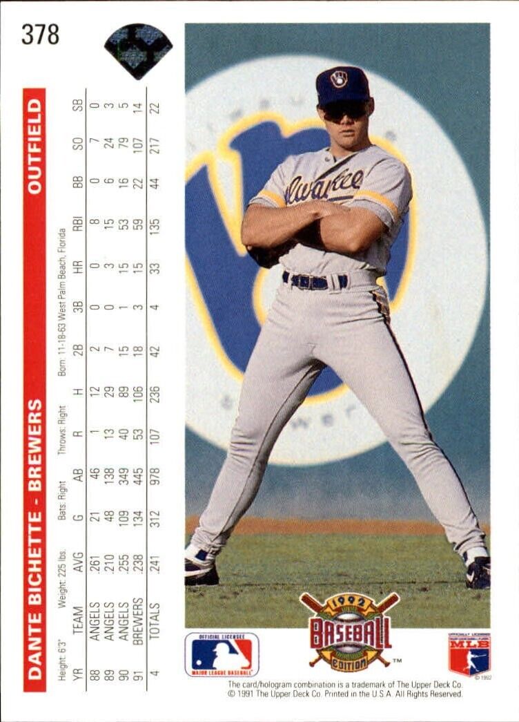 Dante Bichette 1992 Upper Deck MLB #378 Baseball Card Milwaukee Brewers