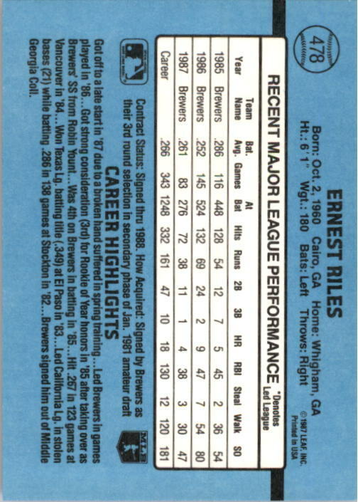 1988 Ernest Riles Donruss Baseball Card #478