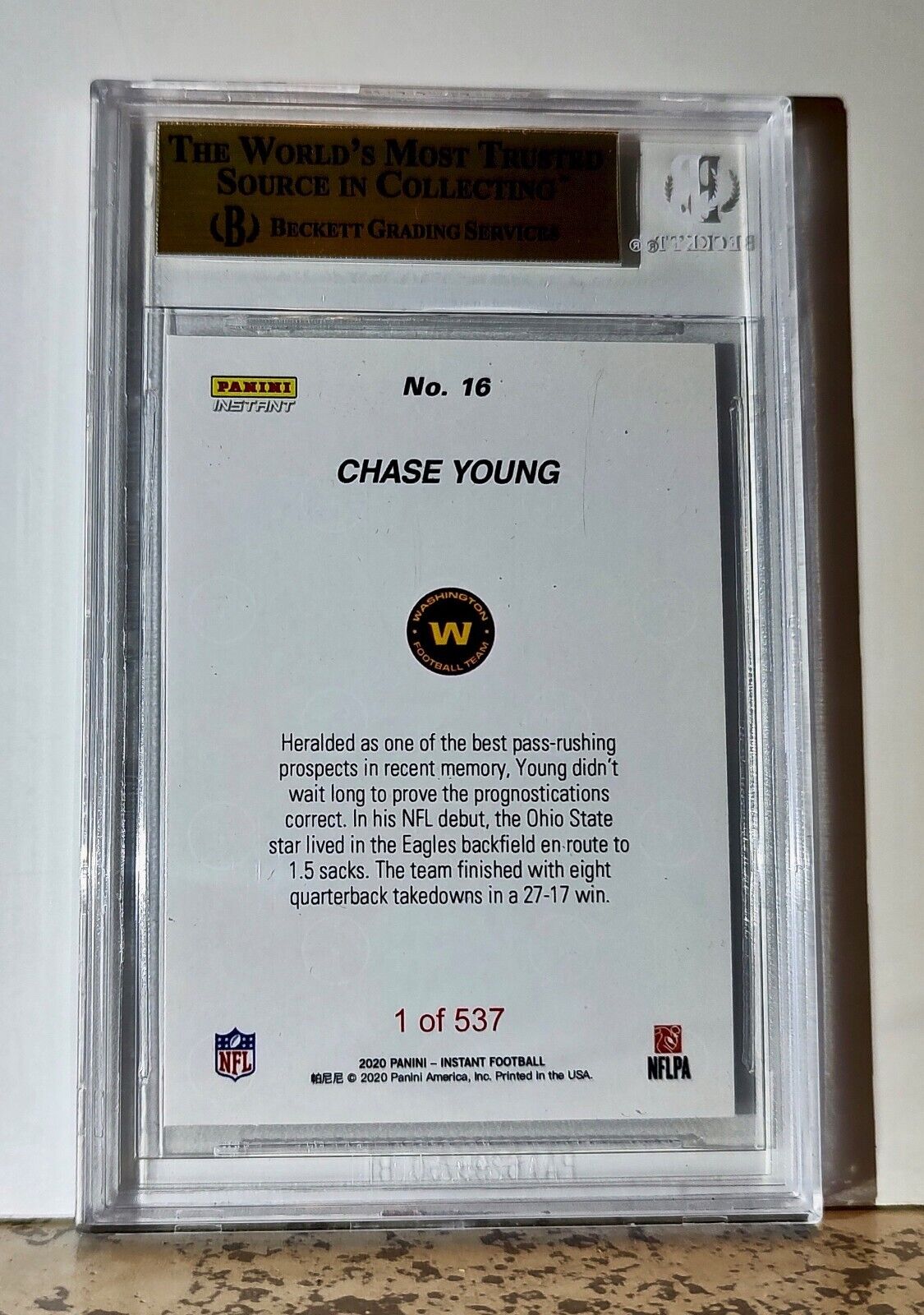 Chase Young 2020 Panini NFL #16 Rookie Card 1 of 537 BGS 9.5 Gem Mint Washington