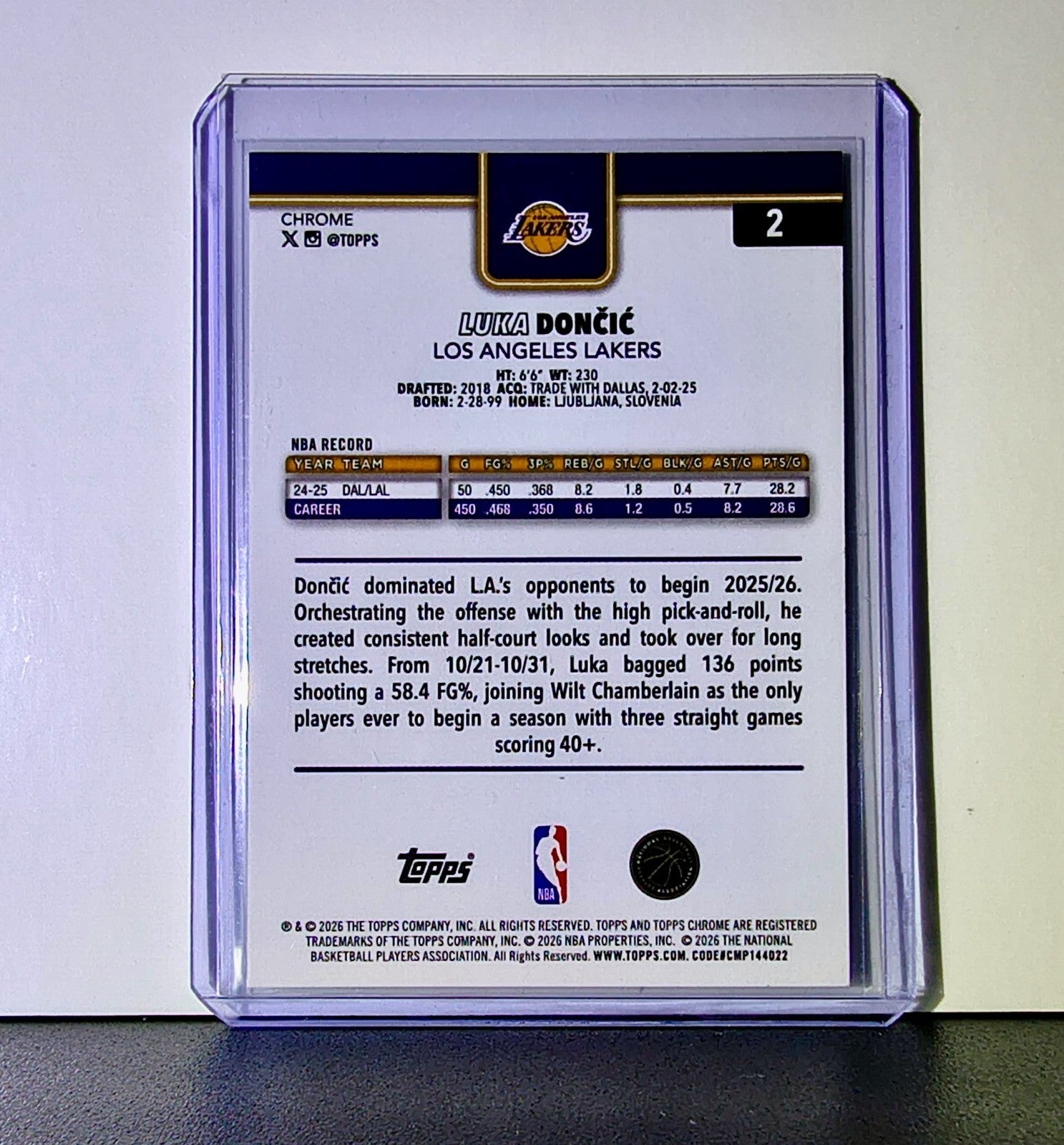 Luka Dončić 2025-26 NBA Topps Chrome Update #2 Card Los Angeles Lakers
