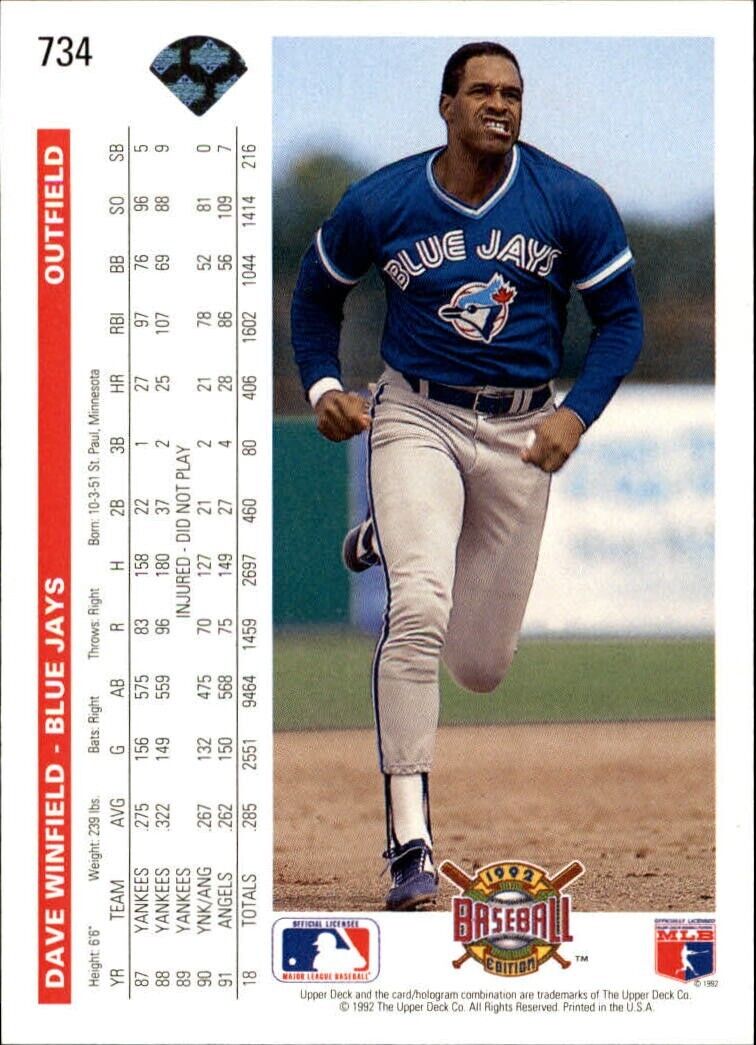 Dave Winfield 1992 Upper Deck MLB #734 Baseball Card Toronto Blue Jays