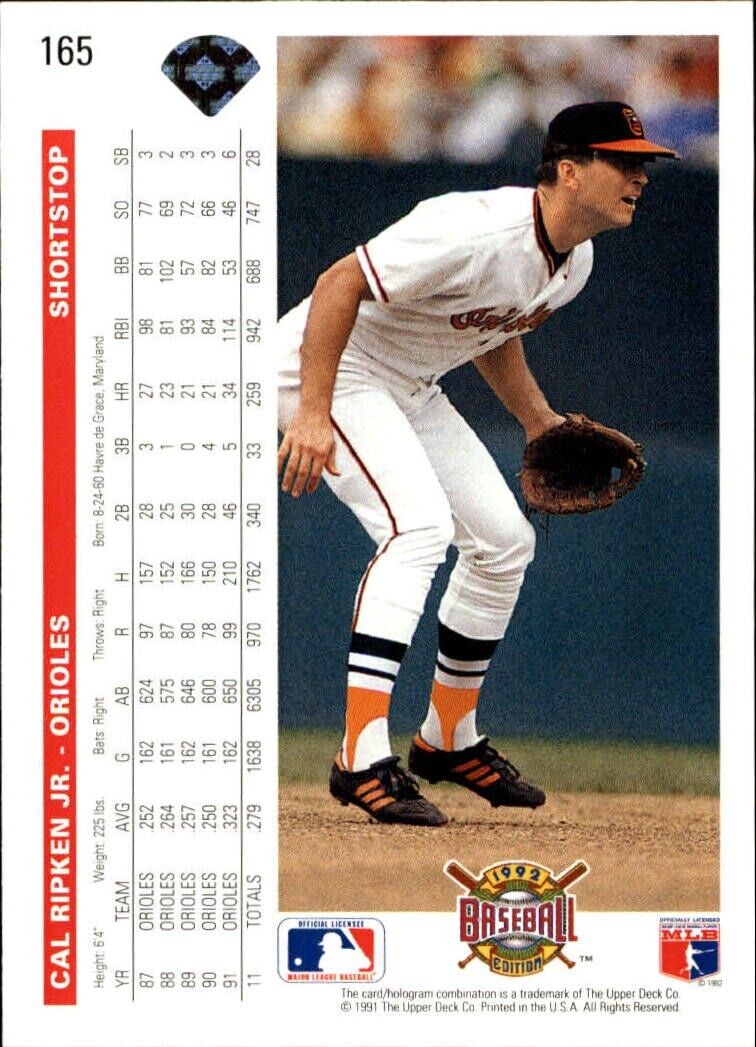 Cal Ripken 1992 Upper Deck MLB #165 Baseball Card Baltimore Orioles