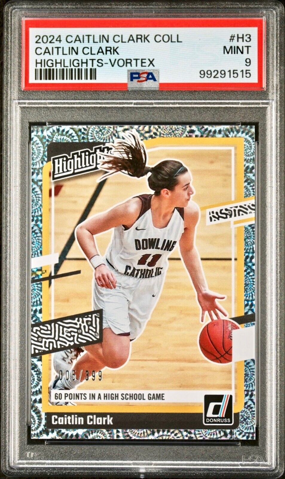 Caitlin Clark 2024 Panini Donruss Highlights Vortex #H3 005/399 Card PSA 9 Mint