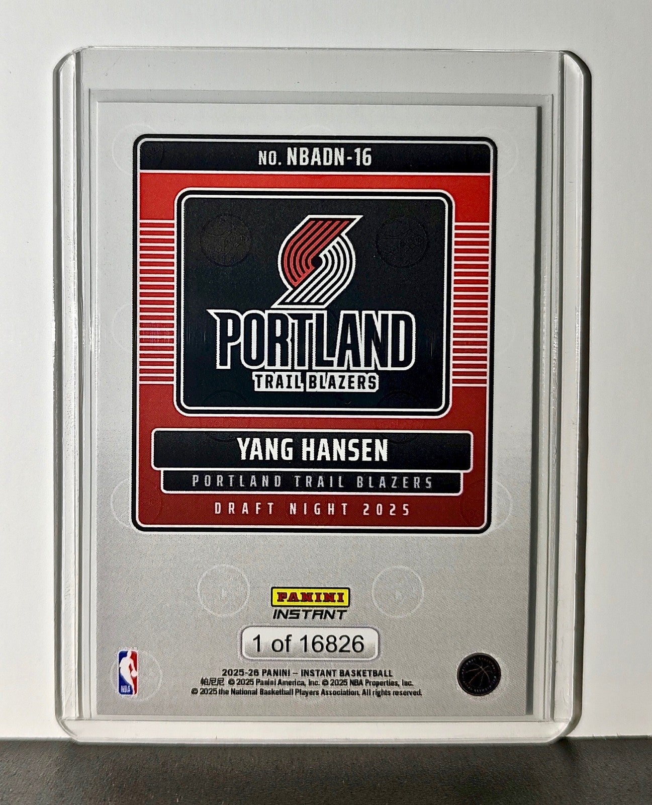 Yang Hansen Rookie 2025-26 Panini NBA #16 Draft Night Portland Trail Blazers