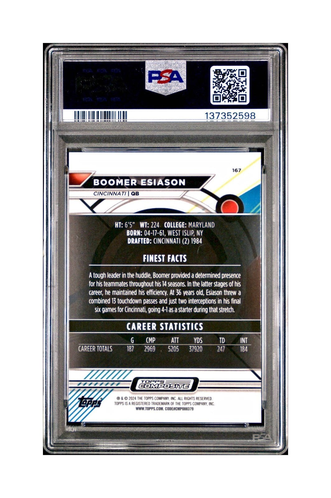 Boomer Esiason 2023 Topps Finest 084/199 #167 Blue Refractor PSA 10 Gem Mint