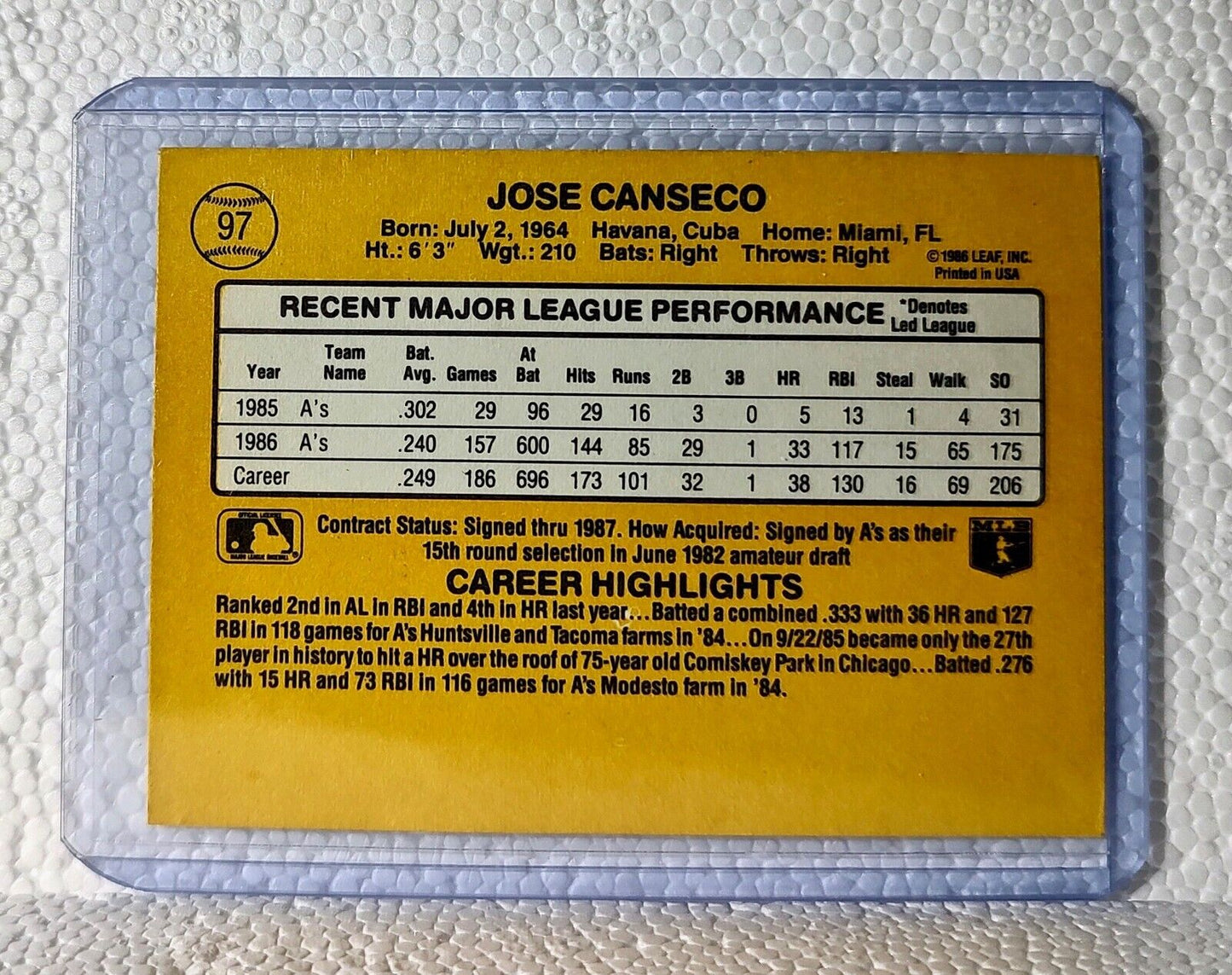 Jose Canseco 1987 Donruss MLB #97 Baseball Card Oakland Athletics