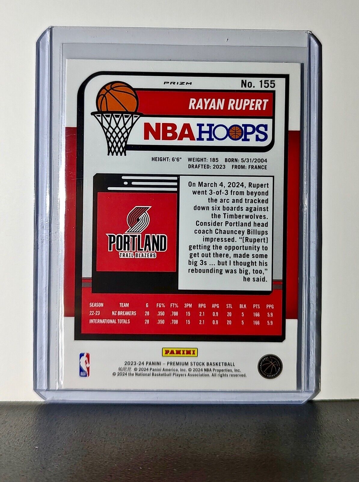 Rayan Rupert 2023-24 Panini Premium NBA Hoops #155 Rookie Red Pulsar Prizm