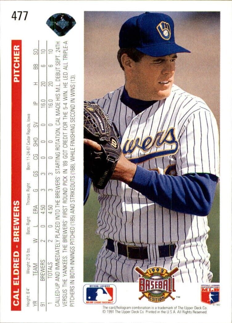 Cal Eldred 1992 Upper Deck MLB #477 Baseball Card Milwaukee Brewers