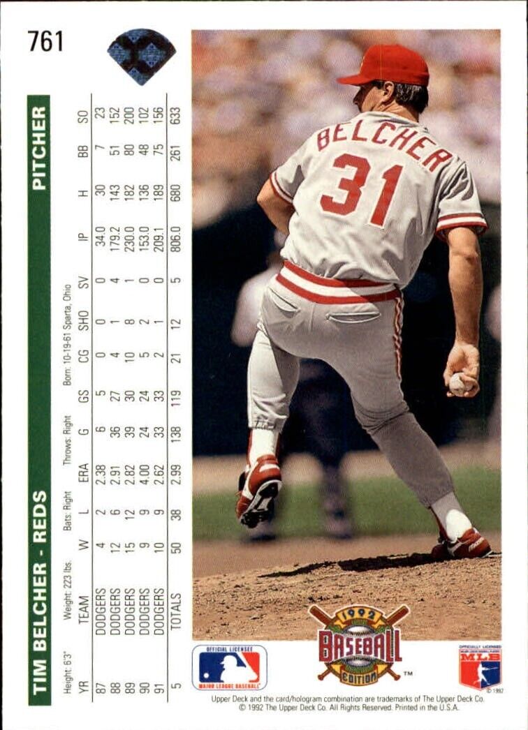 Tim Belcher 1992 Upper Deck MLB #761 Baseball Card Cincinnati Reds