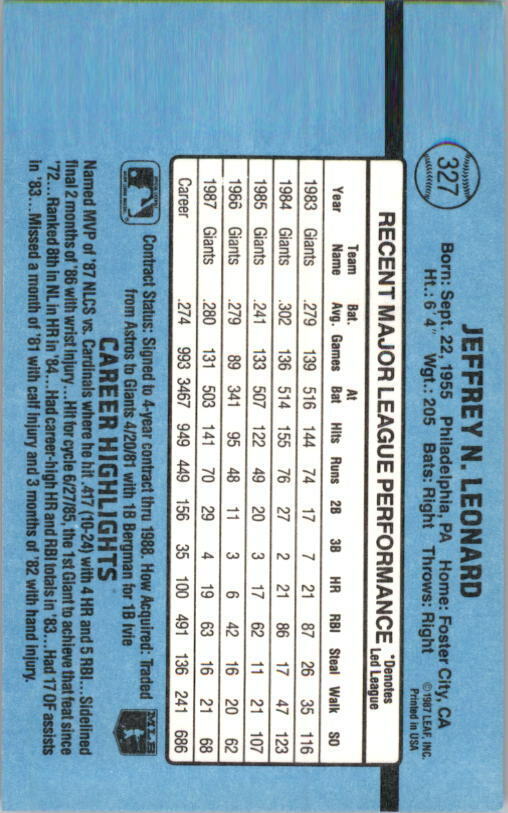 1988 Jeffrey Leonard Donruss Baseball Card #327