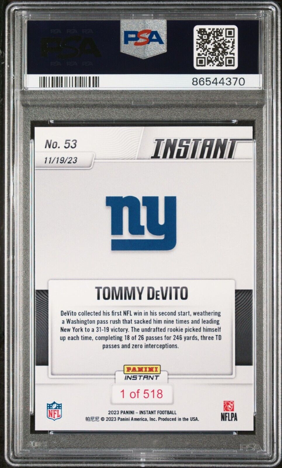 Tommy Devito 2023 Panini NFL Rookie Football #53 Card 1 of 518 Giants PSA 8 NM-M