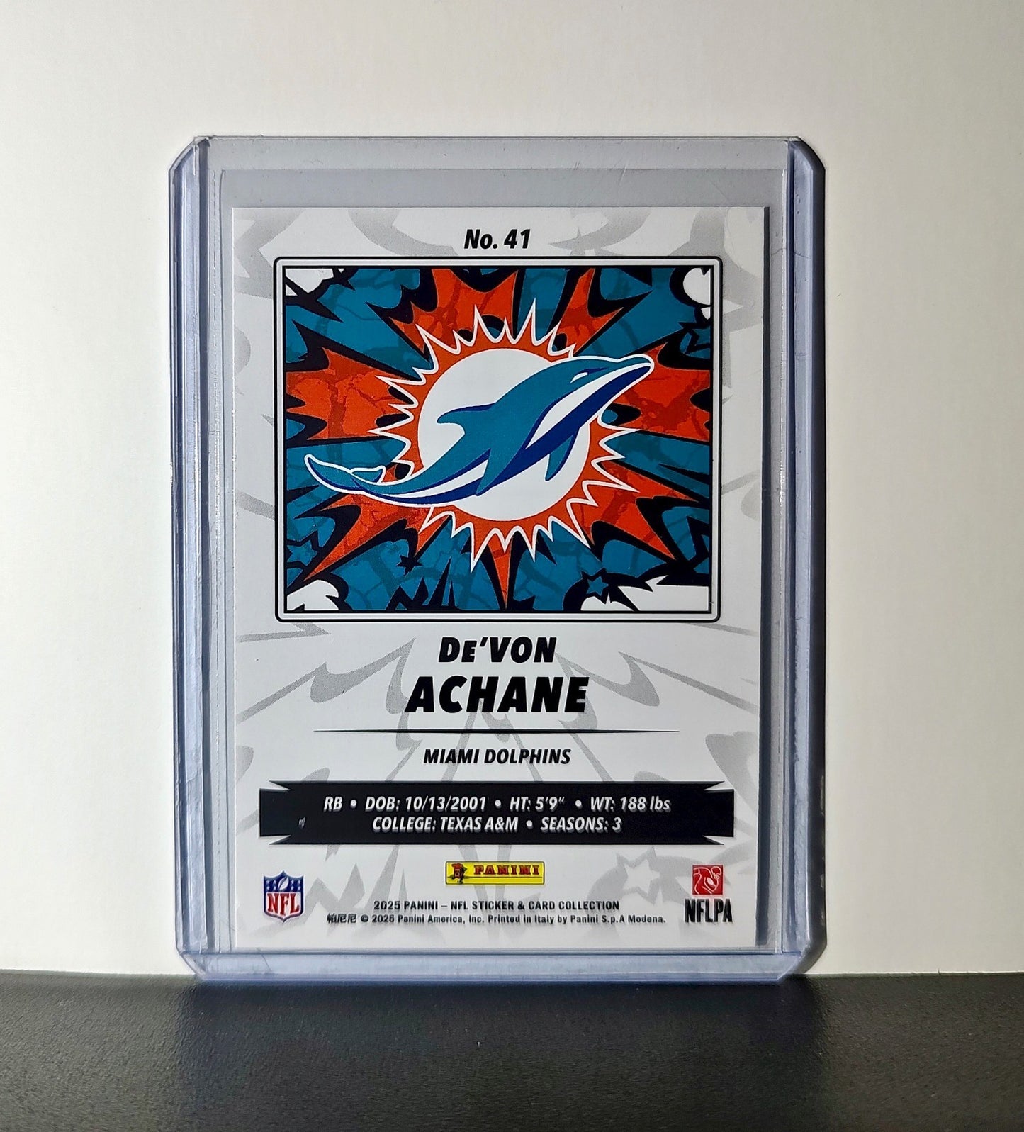 De'Von Achane 2025 Panini NFL #41 Sticker Card Miami Dolphins