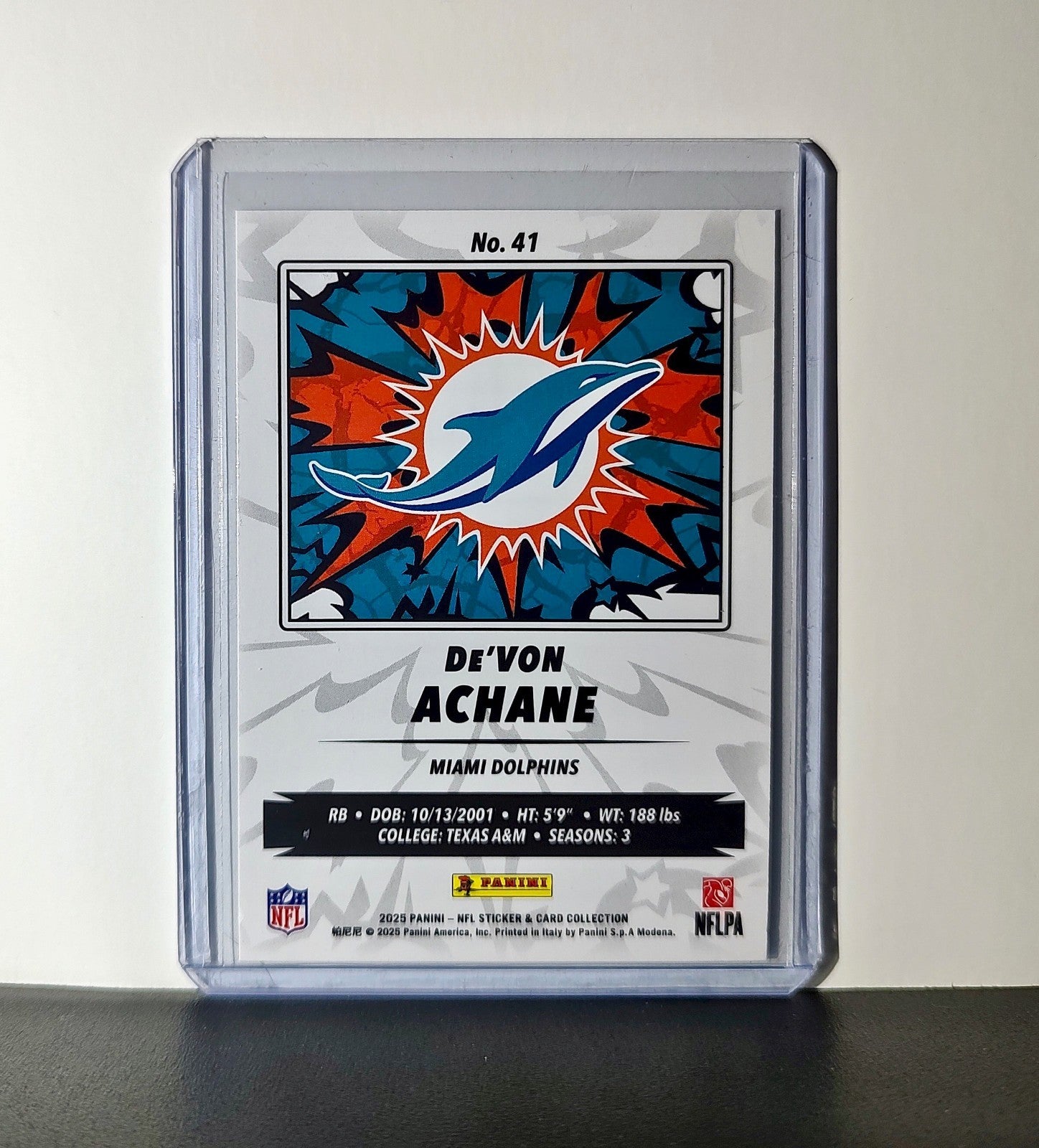 De'Von Achane 2025 Panini NFL #41 Sticker Card Miami Dolphins