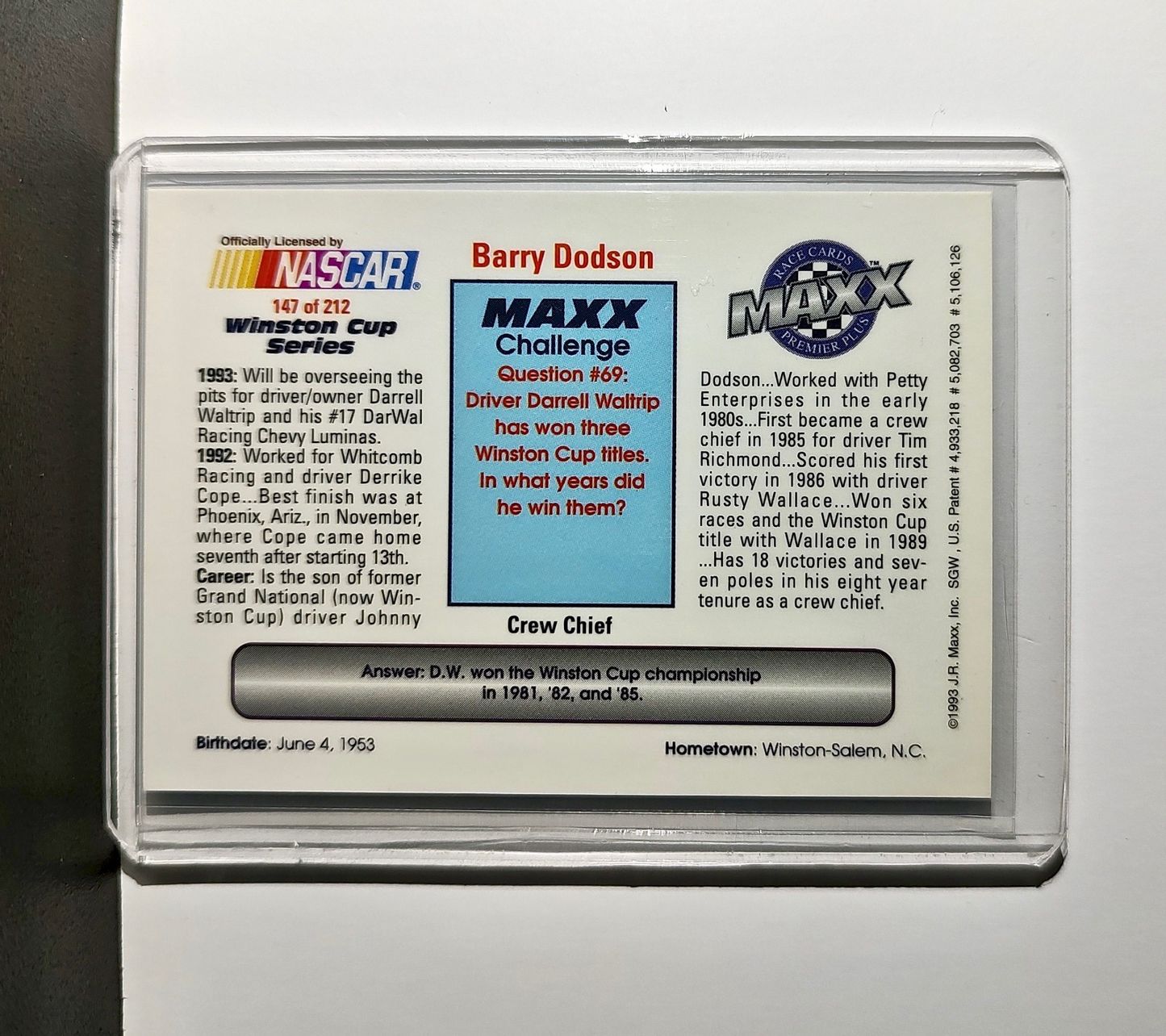 Barry Dodson 1993 Maxx Premier Plus Racing #147 NASCAR Card DARWAL Inc.