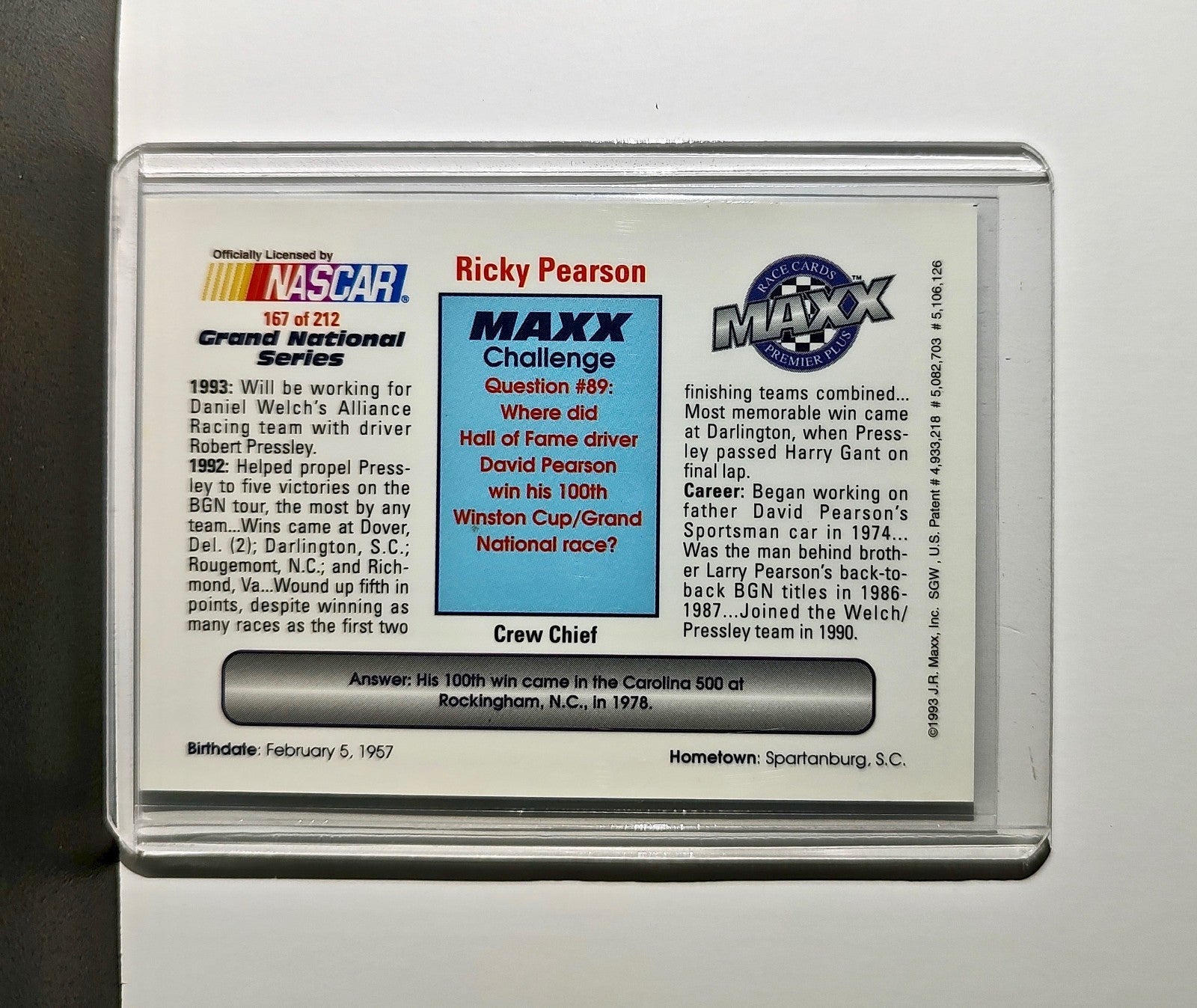Ricky Pearson 1993 Maxx Premier Plus Racing #167 NASCAR Card Alliance Racing