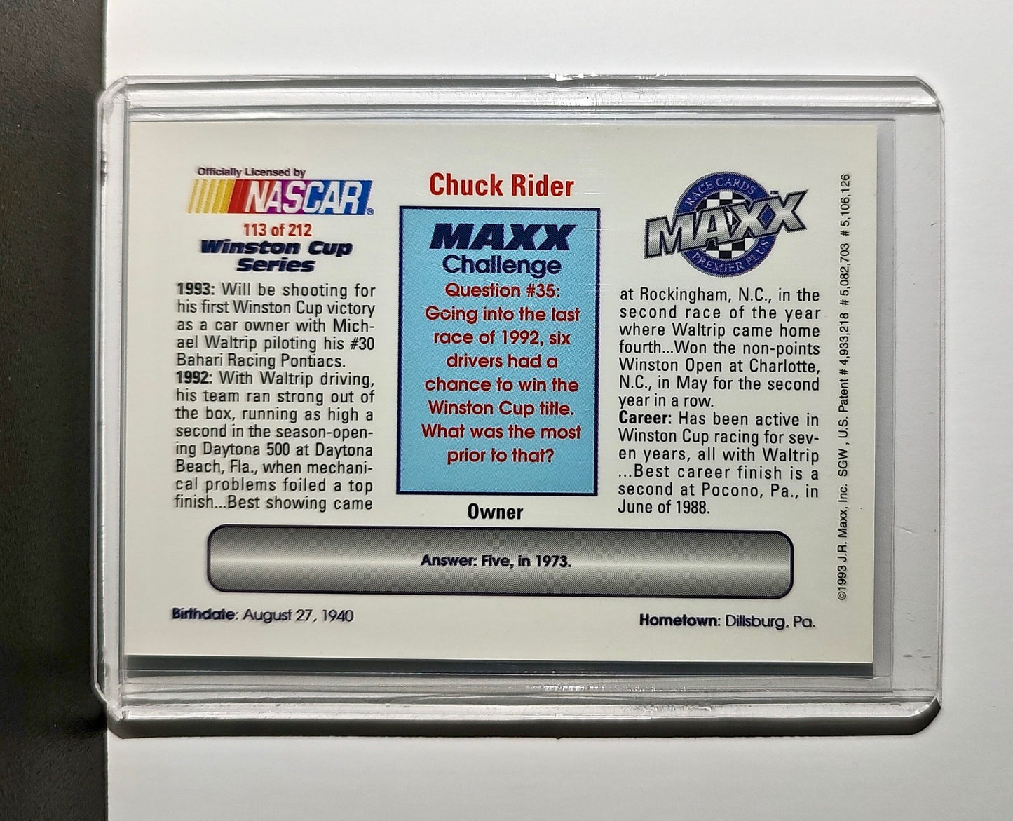 Chuck Rider 1993 Maxx Premier Plus Racing #113 NASCAR Card Bahari Racing