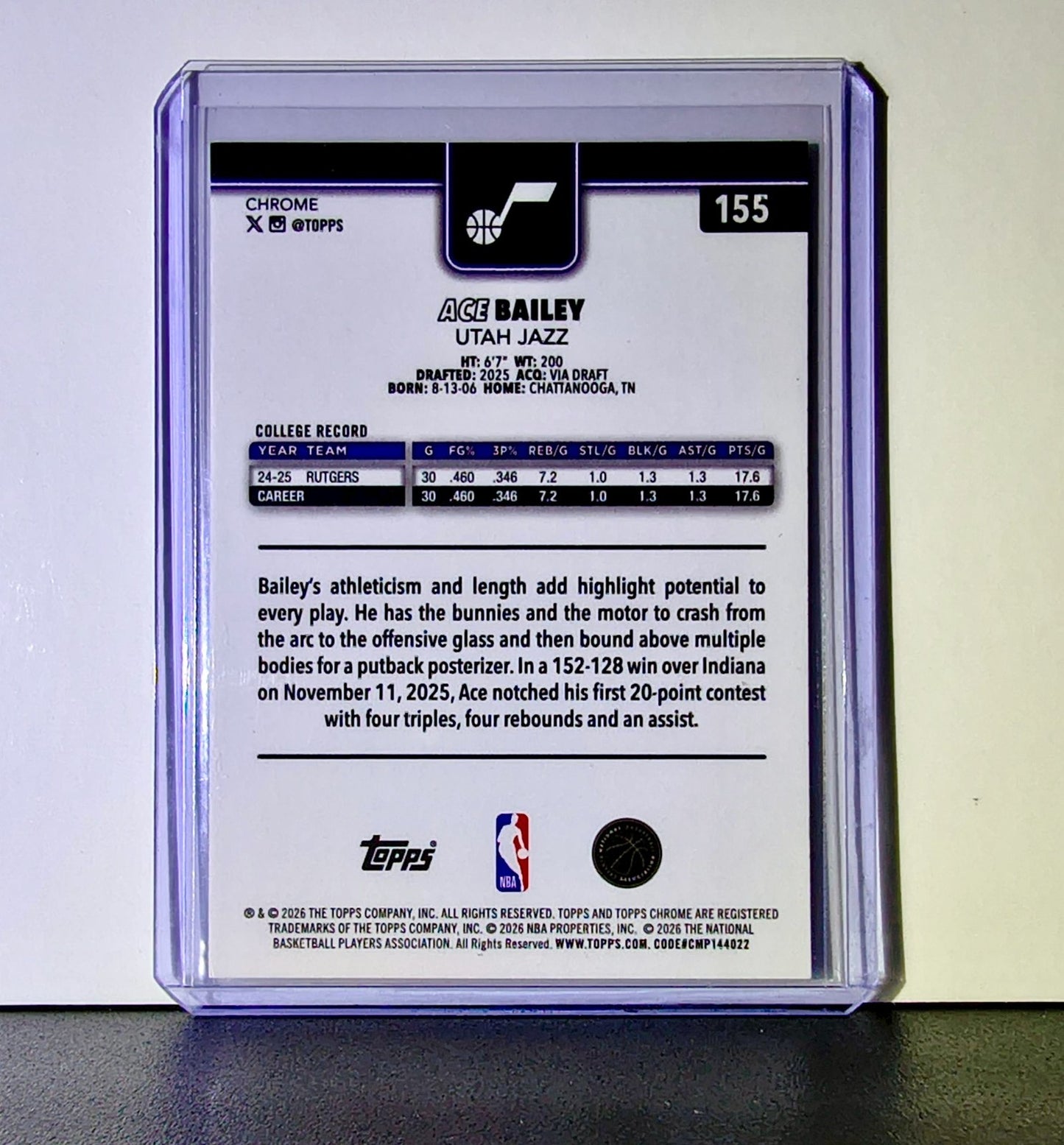 Ace Bailey Rookie 2025-26 NBA Topps Chrome Update #155 Basketball Card Utah Jazz