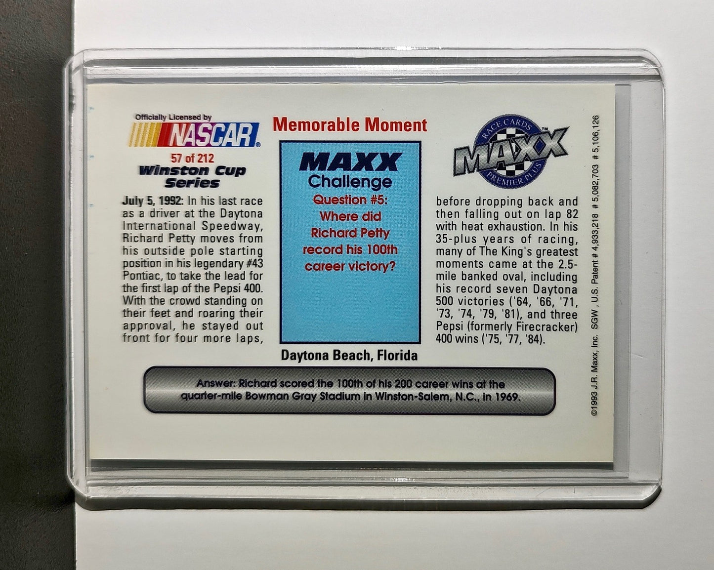 Memorable Moment 1993 Maxx Premier Plus Racing #57 NASCAR Card