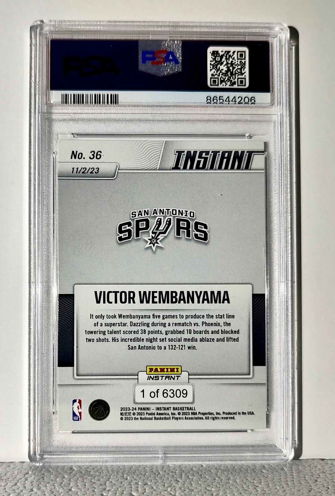 Victor Wembanyama 2023-24 Panini #36 NBA Rookie Card Spurs 1 of 6309 PSA 8 NM-MT