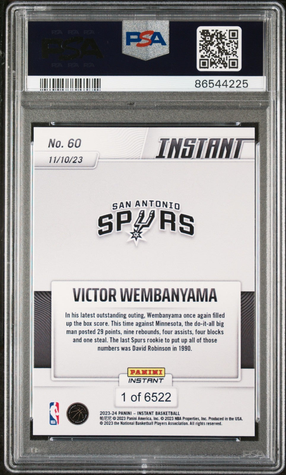 Victor Wembanyama 2023-24 Panini #60 NBA Rookie Card Spurs 1 of 6522 PSA 10 Gem