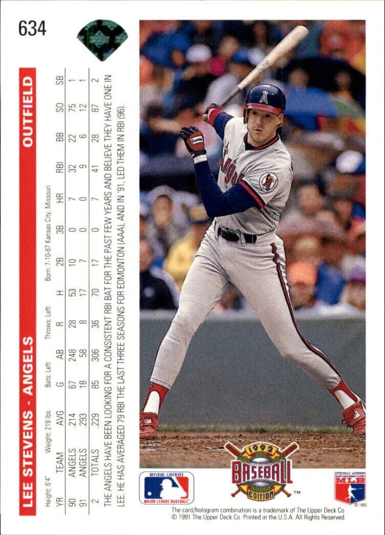Lee Stevens 1992 Upper Deck MLB #634 Baseball Card California Angels
