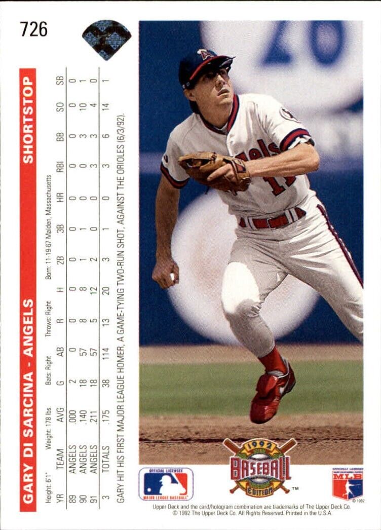 Gary DiSarcina 1992 Upper Deck MLB #726 Baseball Card California Angels