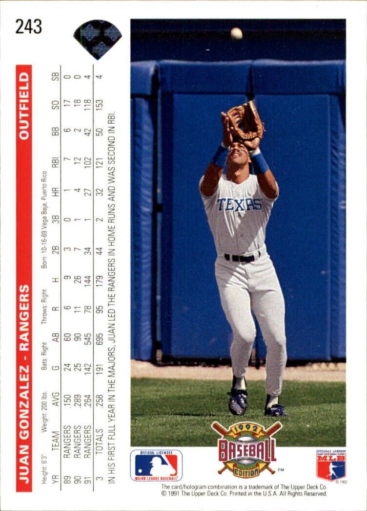 Juan Gonzalez 1992 Upper Deck MLB #243 Baseball Card Texas Rangers