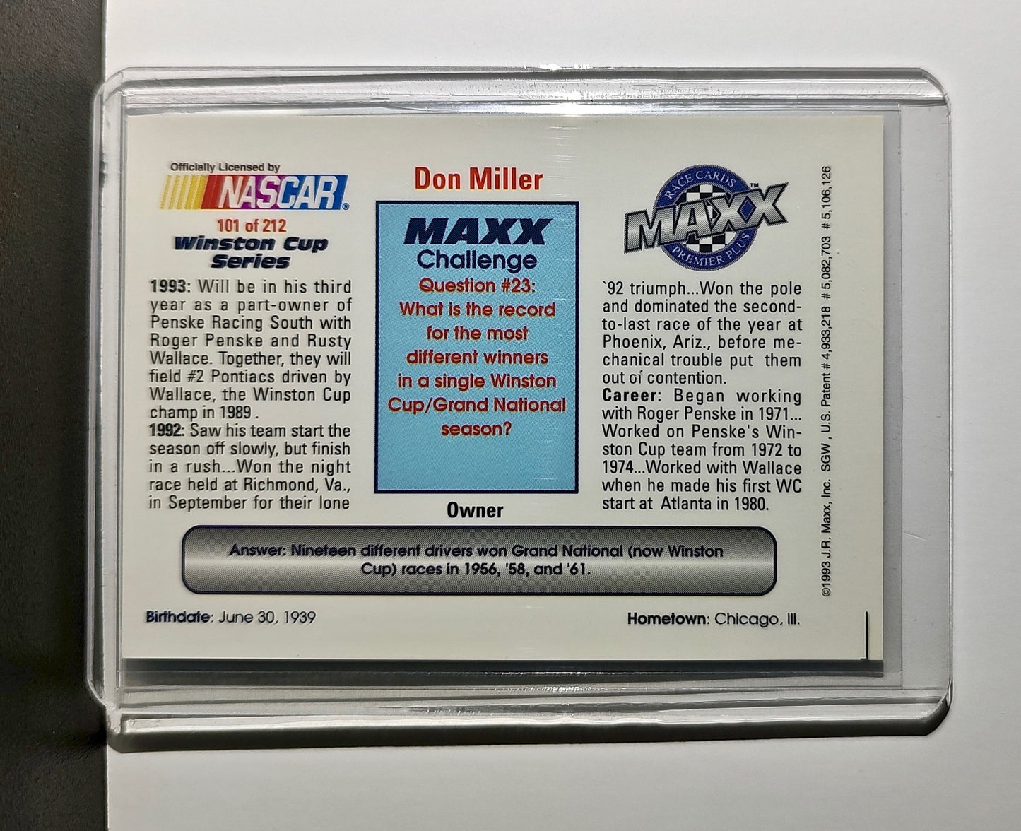 Don Miller 1993 Maxx Premier Plus Racing #101 NASCAR Card Penske Racing South