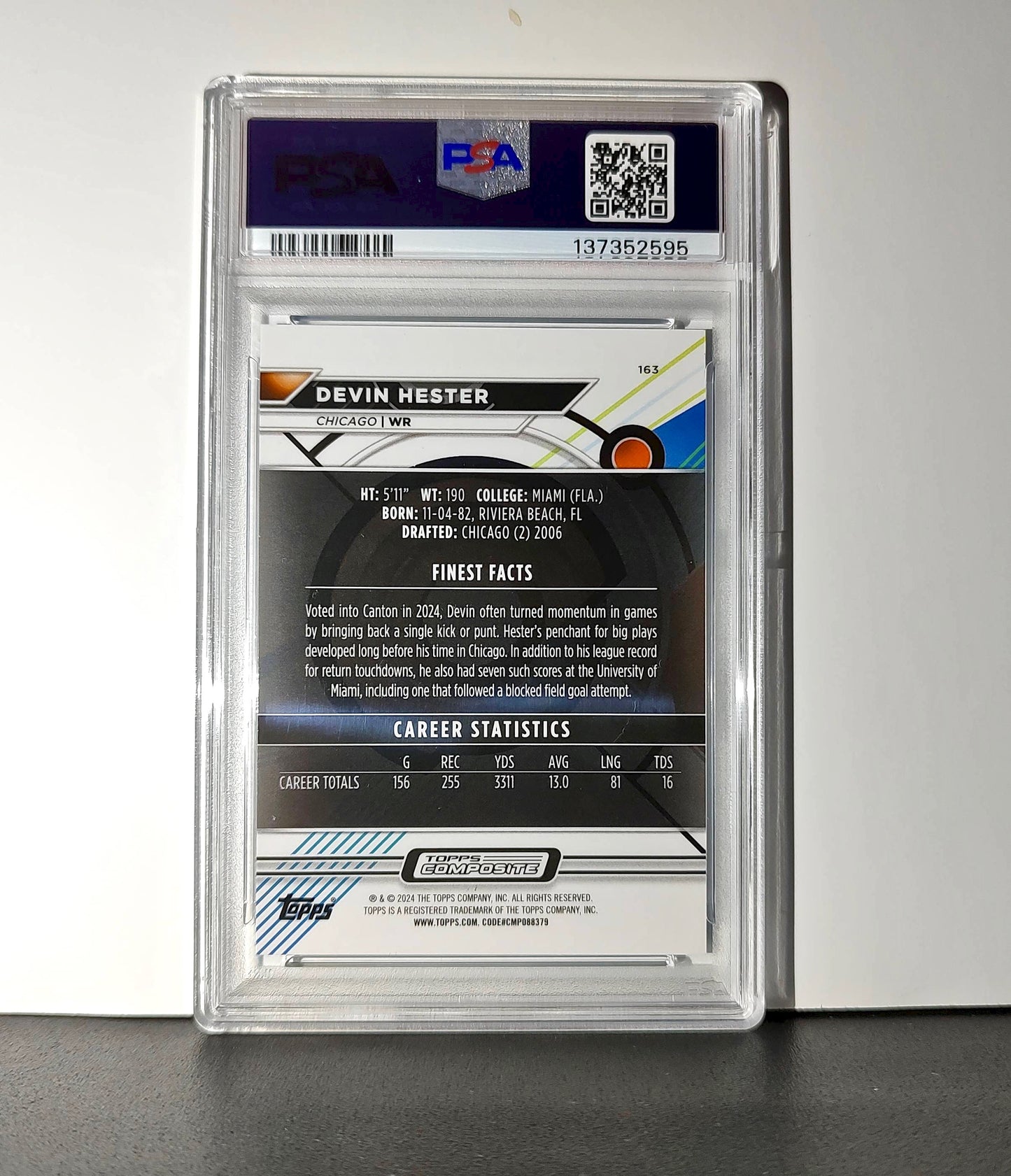 Devin Hester 2023 Topps Finest 325/325 #163 Sky Blue Refractor PSA 9 Mint