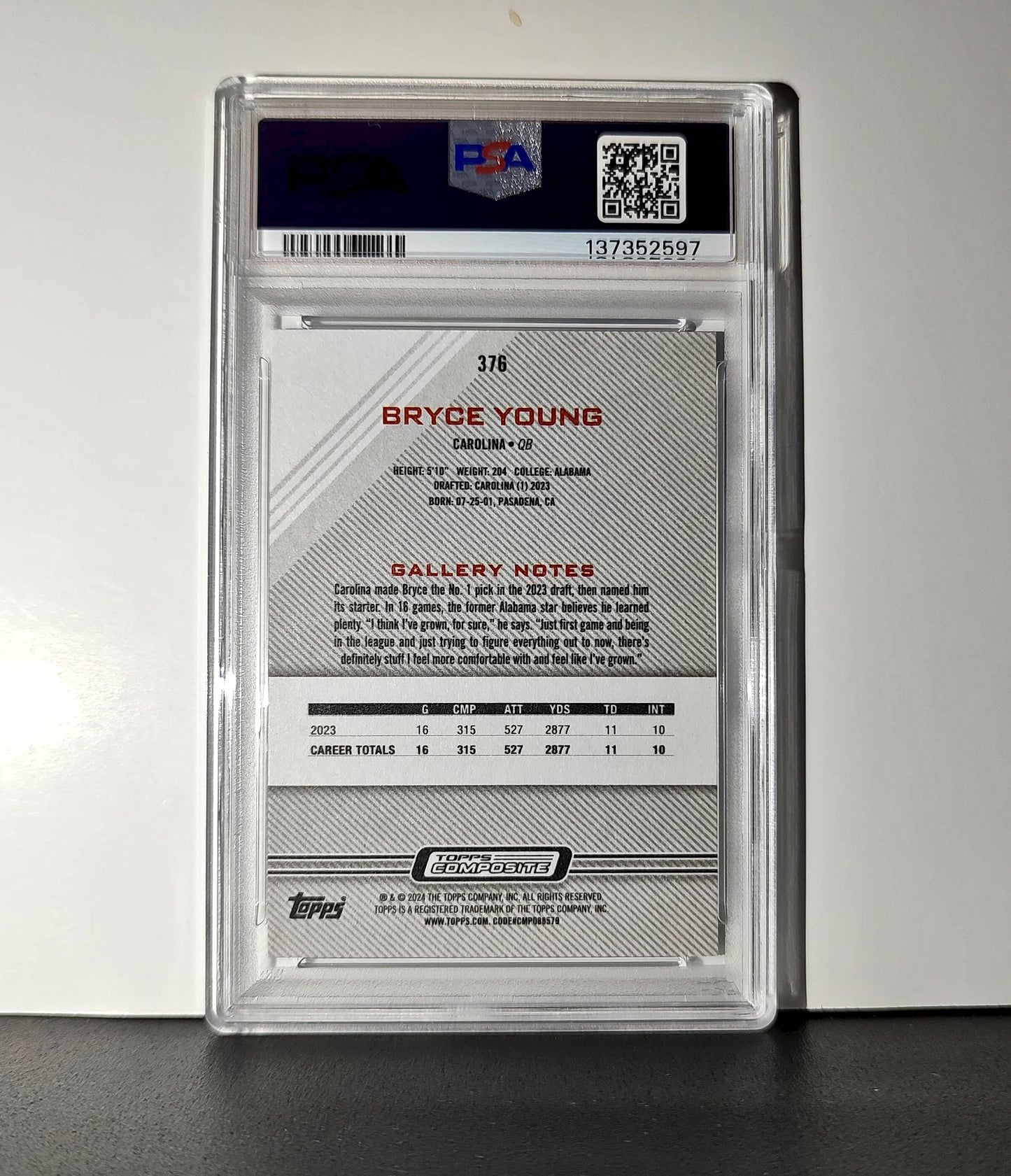 Bryce Young 2023 Topps Gallery #376 Card Carolina Panthers PSA 10 Gem Mint