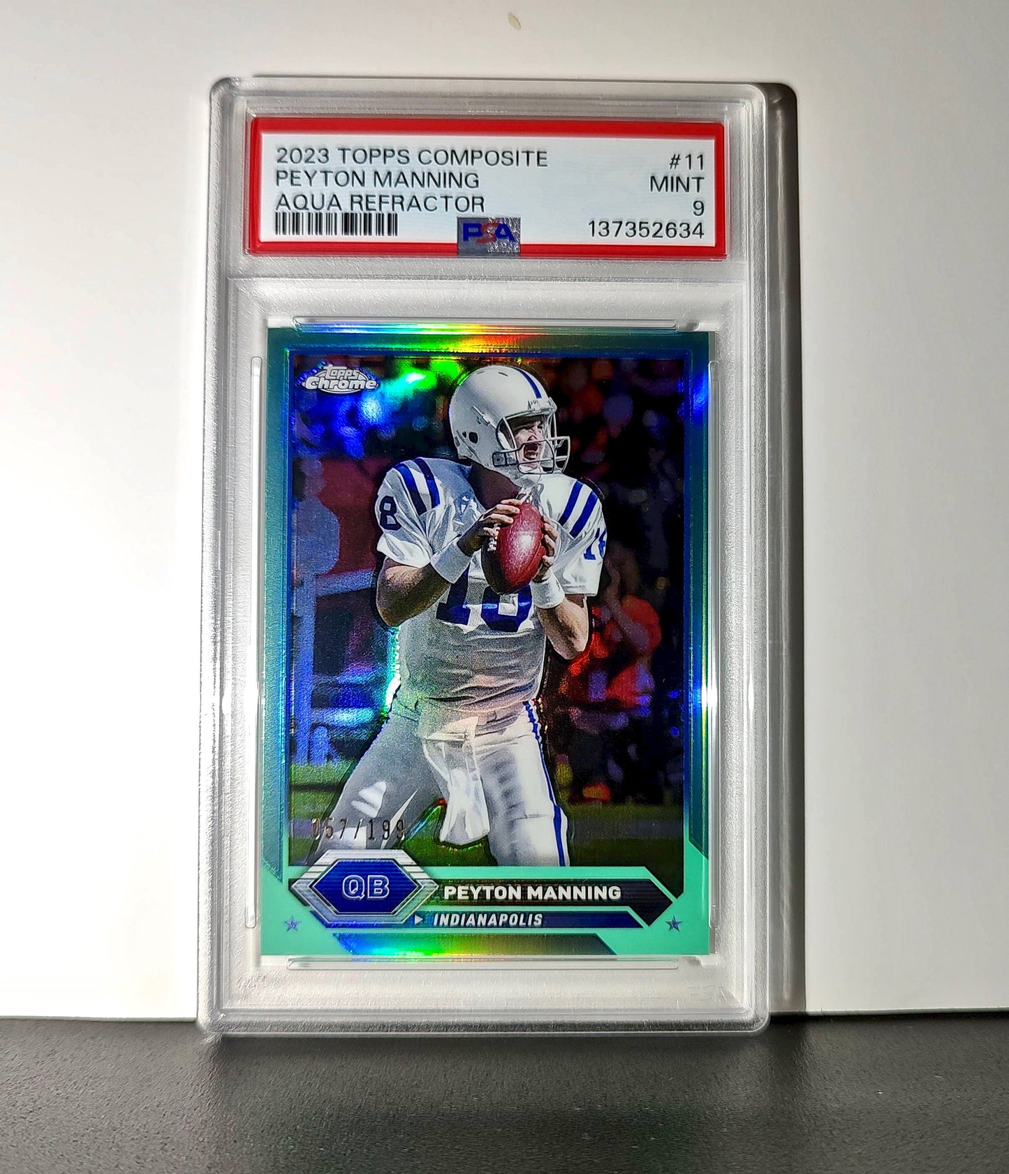 Peyton Manning 2023 Topps #11 057/199 Aqua Refractor PSA 9 Mint