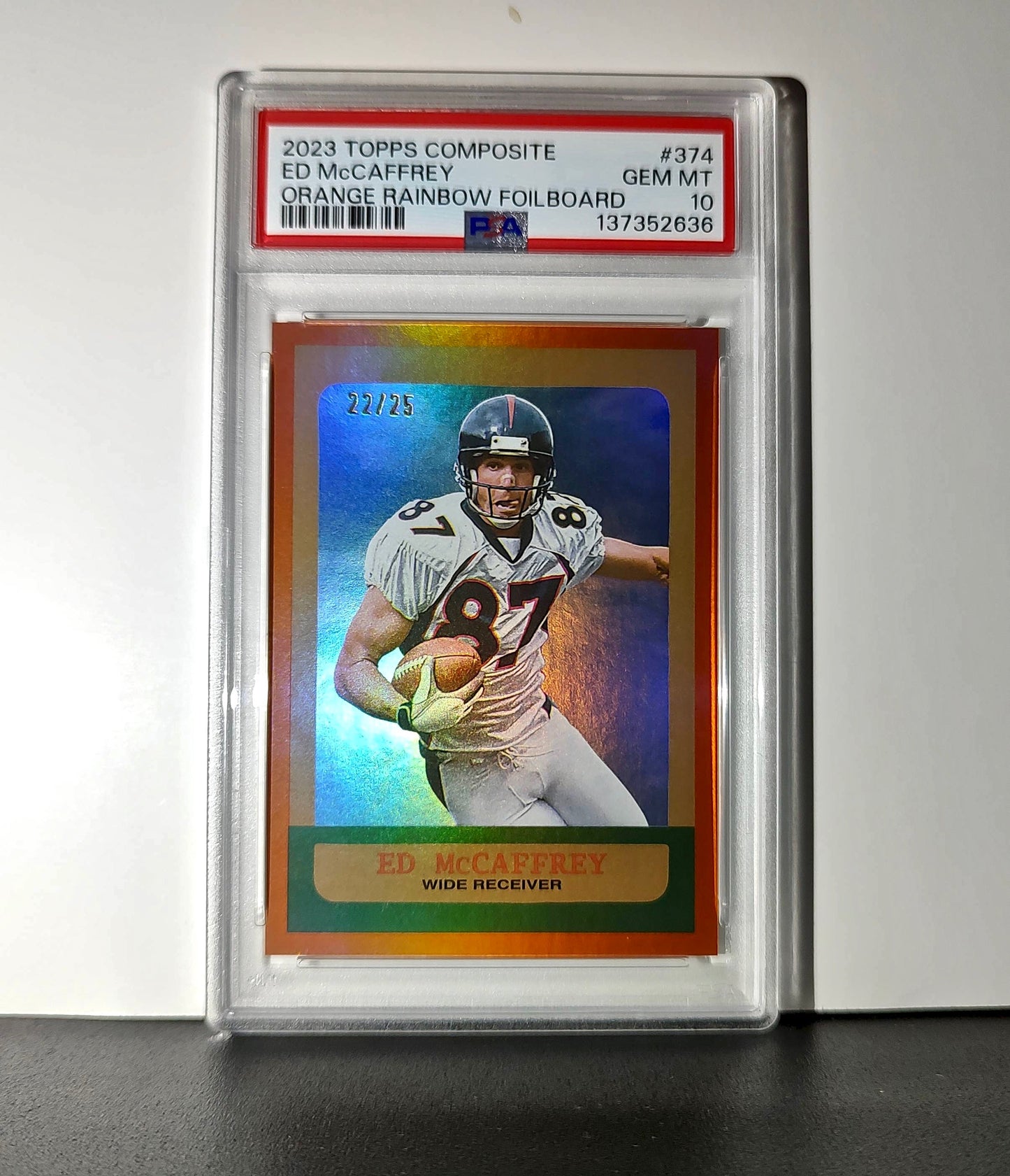 Ed McCaffrey 2023 Topps #374 22/25 Heritage Orange Rainbow Foilboard PSA 10 Gem