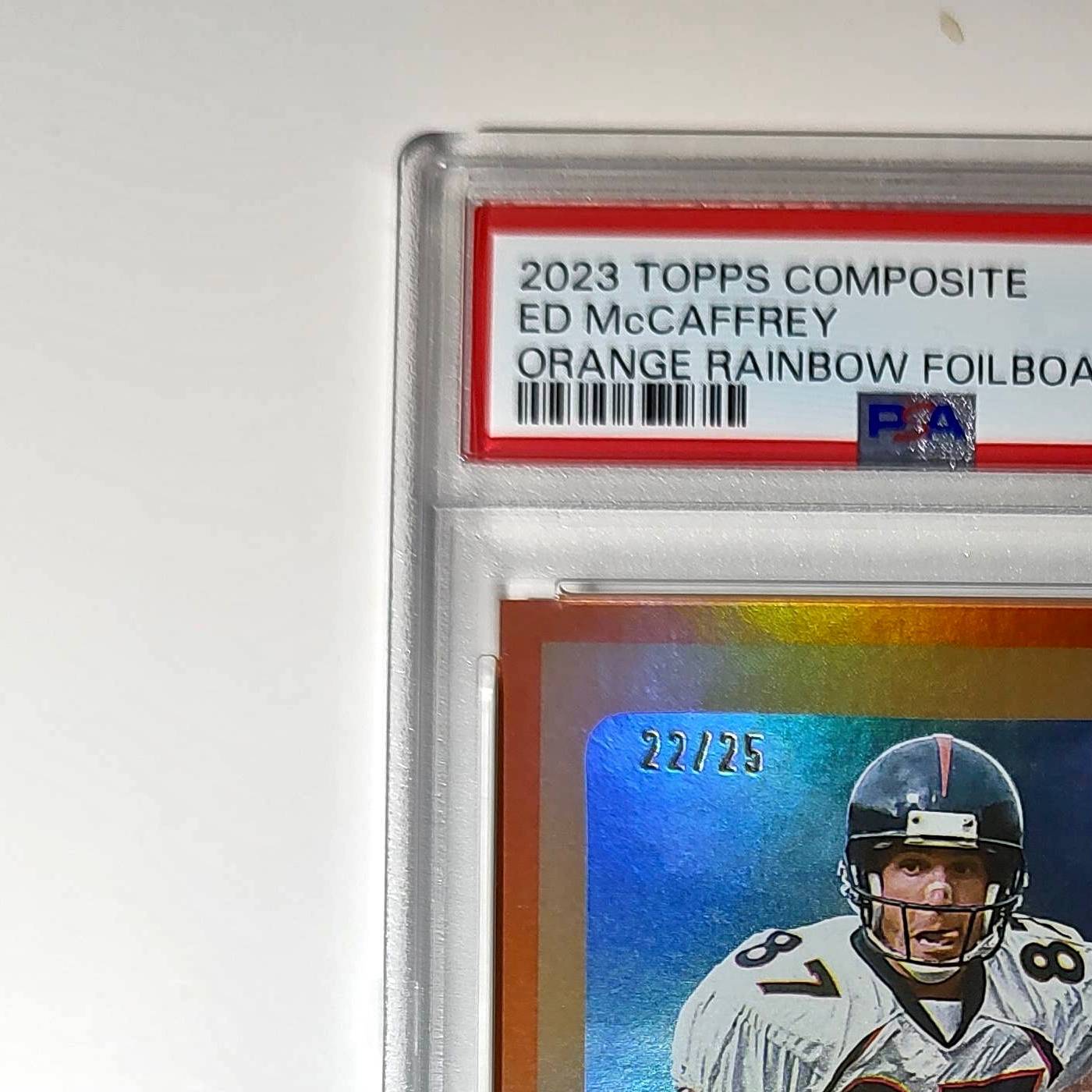 Ed McCaffrey 2023 Topps #374 22/25 Heritage Orange Rainbow Foilboard PSA 10 Gem