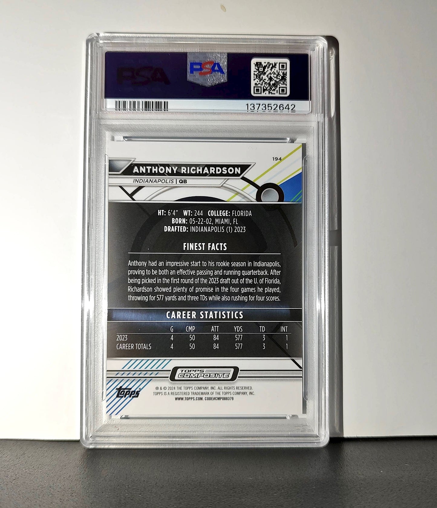 Anthony Richardson 2023 Topps 204/325 Fineest #194 Sky Blue Refractors PSA 10